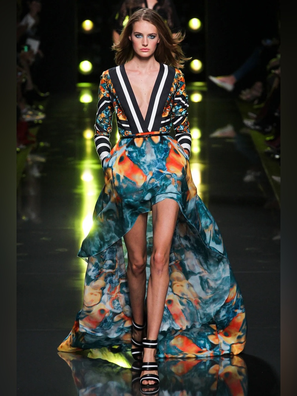 Elie Saab Long Sleeve V Neck Silk Dress